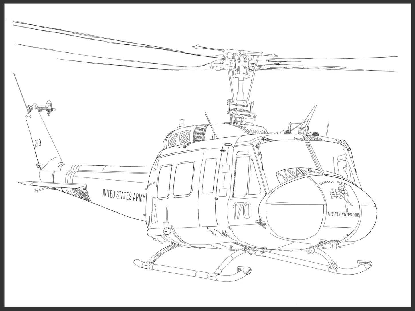 Studio Amac's original line sketch of the Huey helicopter from a forward three-quarter angle