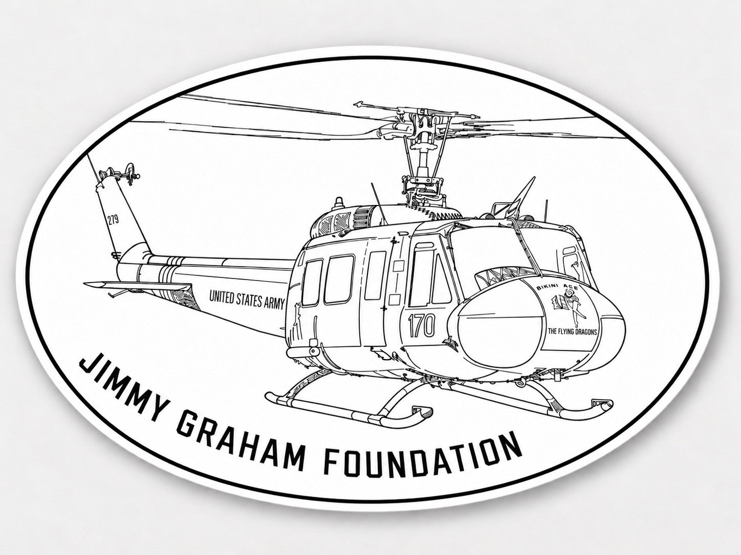 Oval sticker mockup featuring the Huey artwork and Jimmy Graham Foundation text
