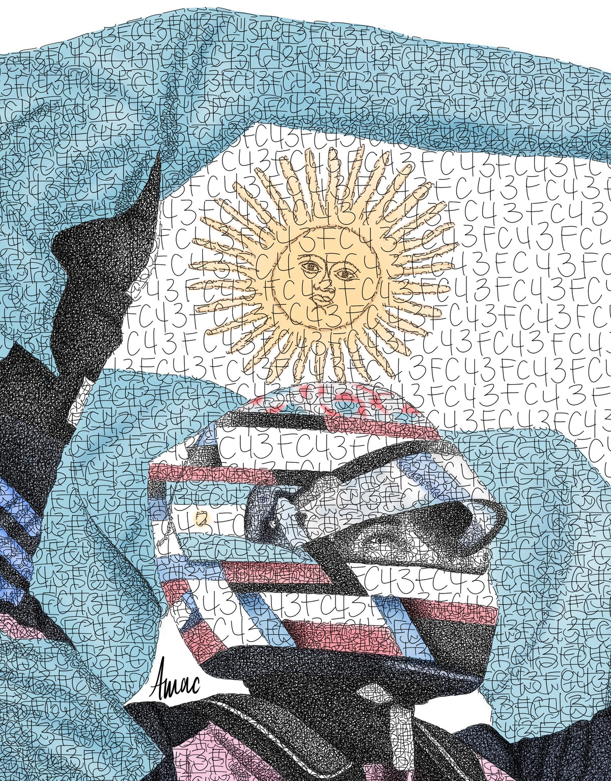 Close-up of Franco Colapinto drawing showing the Argentine flag, racing helmet and individual handwritten FC43s